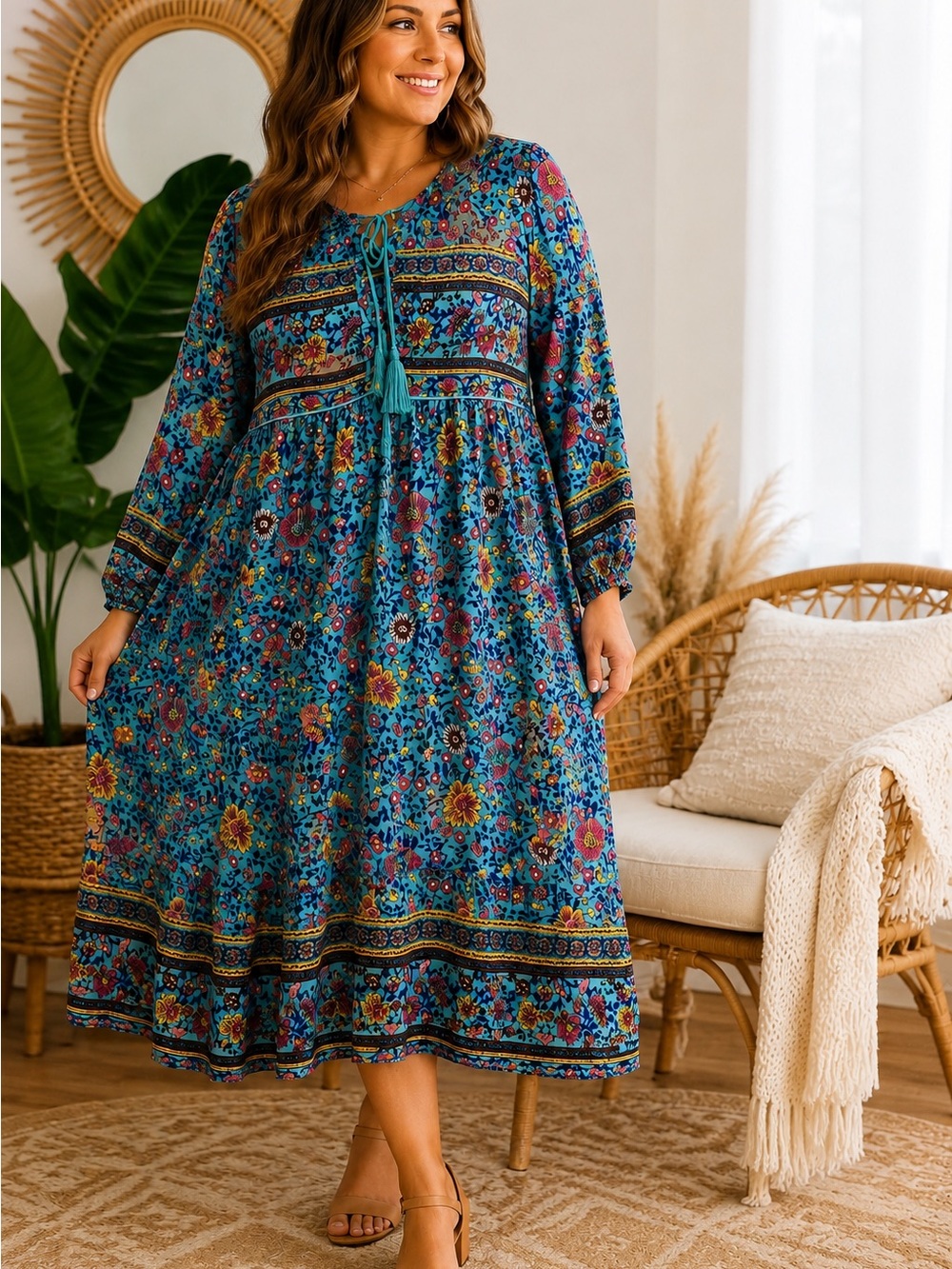 R. Vivimos Boho Floral Peasant Dress XL 16/18 Blue Pink Tassel Tie Midi